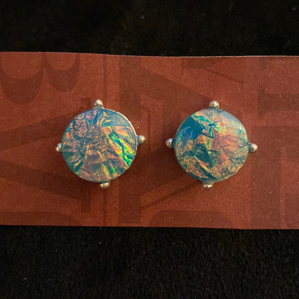 Aqua, iridescent round stone post earrings